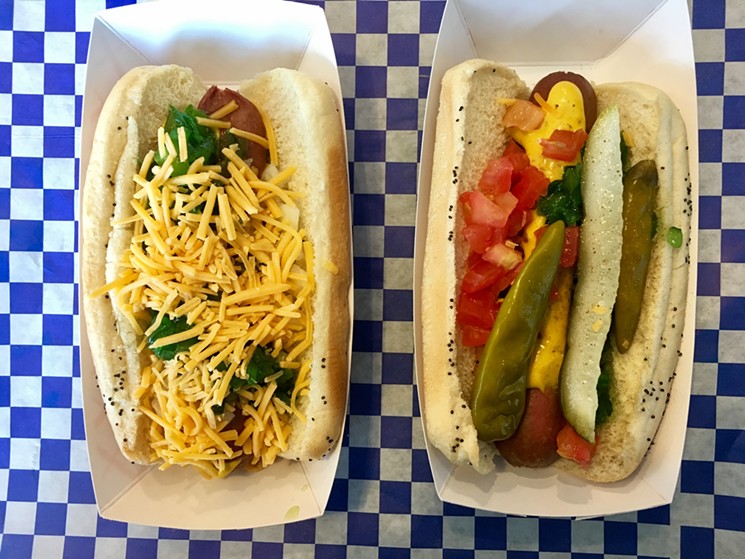 A Dallas dog (shredded cheese, relish and mustard) and a Chicago dog at Wild About Harry's. - NICK RALLO