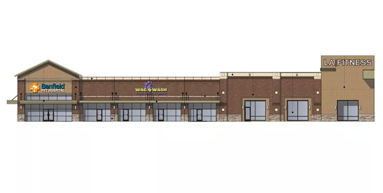 A rendering of what the plaza will look like once Banfield Vet Clinic and Wag N' Wash are finished. - COURTESY OF NEWQUEST PROPERTIES'