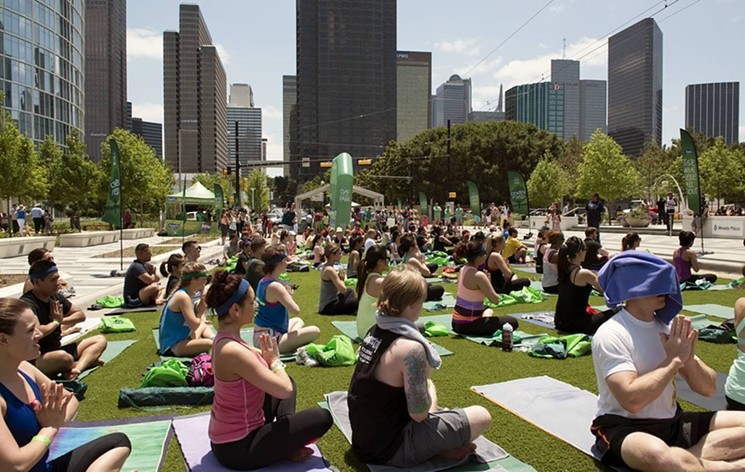 YogaSport's homebase is on Lemmon Avenue, but they often take classes outdoors, like this one in Klyde Warren Park. - VIA YOGASPORT ON FACEBOOK