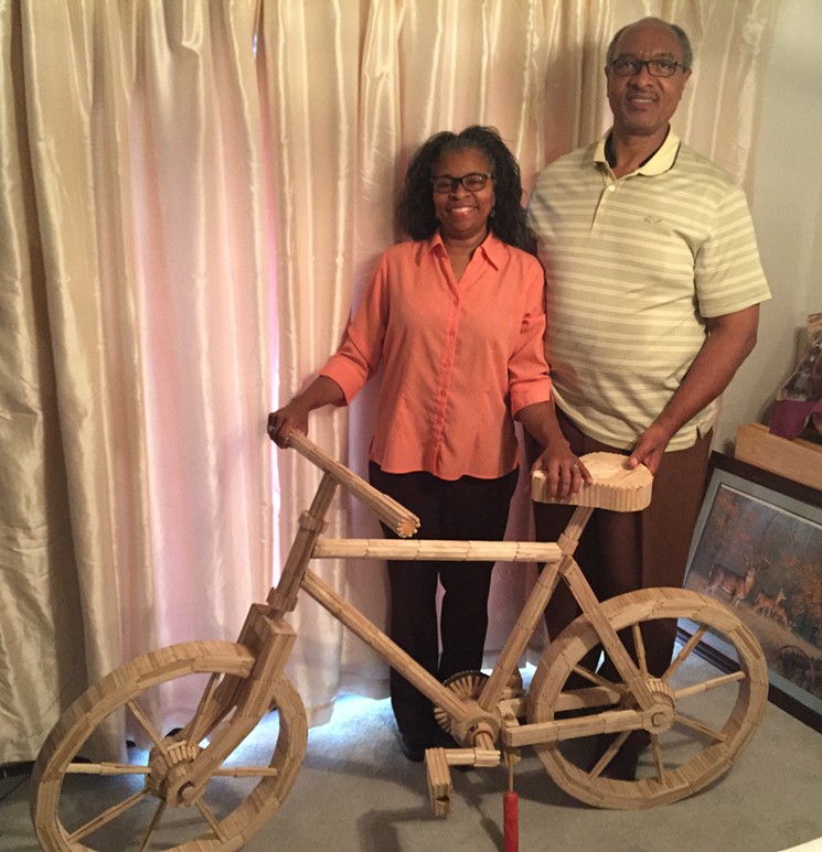 Melinda and Larry Gardner of Carrollton received a bicycle made out of popsicle sticks from talk show host Jimmy Kimmel. - PHOTO BY DANNY GALLAGHER