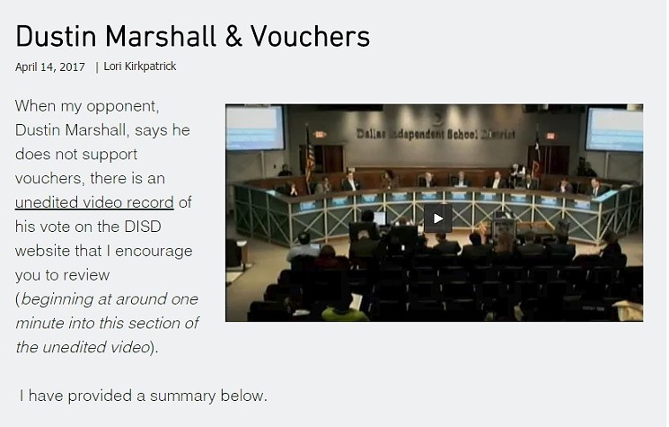 ... but if you watch the video, Marshall says nothing about vouchers. Not one word. - KIRKPATRICK4DISD.COM