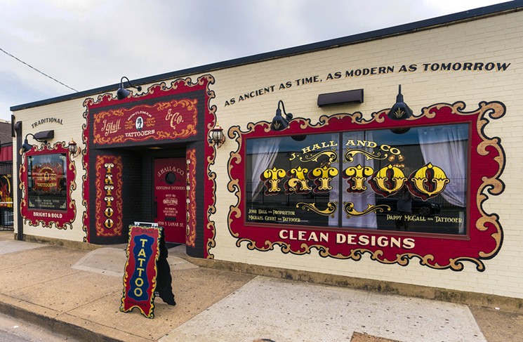 The exterior of J. Hall & Co. Gentlemen Tattooers is impossible to miss on the barren strip of Lamar Street in Dallas. - DANIEL DRIENSKY AND SARAH REYES