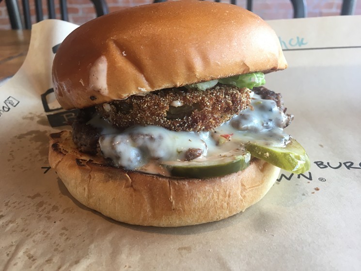 This custom-built burger at Dugg features fried green tomatoes. - NICK RALLO