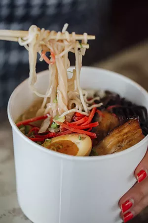 Sumo ramen with chicken and port base, chasu, marinated egg, wood ear mushroom, black garlic oil, pickled ginger, onion and scallion - KATHY TRAN