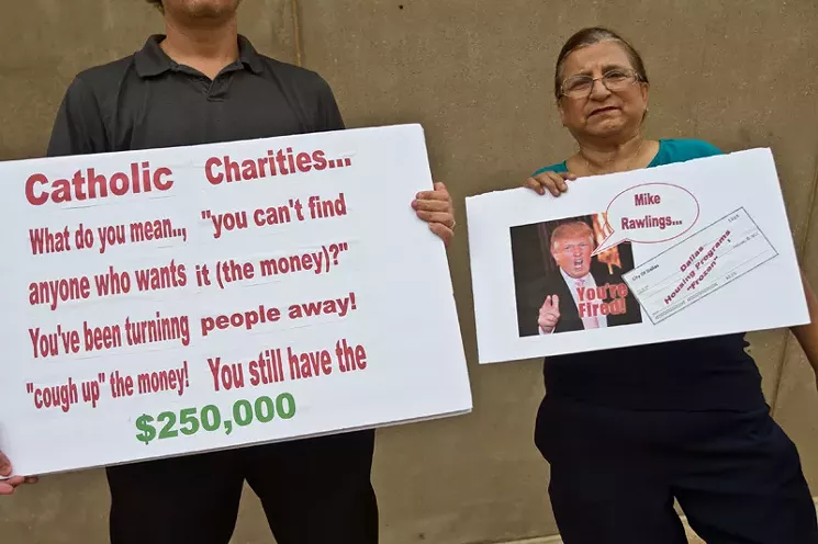 LULAC members protest outside City Hall, demanding to know why Catholic Charities of Dallas has not disbursed money from a $300,000 city grant to help West Dallas homeowners with repairs. - MARK GRAHAM