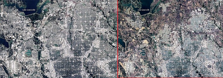Dallas suburban sprawl in 2009 is shown on the left, versus what it was in 1984, on the right. - USGS