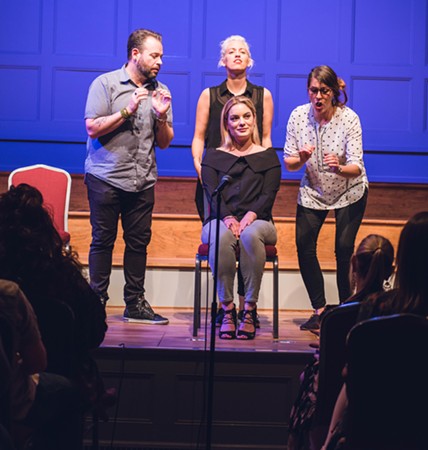 From left: Chad Cline, Lindsay Goldapp and Rachel Farmer perform a scene with an audience volunteer at Stomping Ground Comedy Theater's fundraiser at Arts Mission Oak Cliff. - MICHAEL K. BRUNER