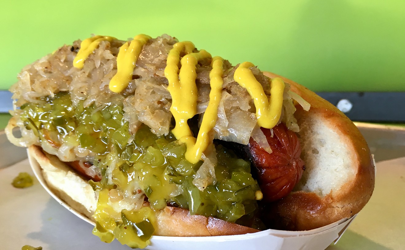 Tender, nutmeg-forward sauerkraut, griddled onions and relish top the Sidecar dog at Pints & Quarts ($6.25).