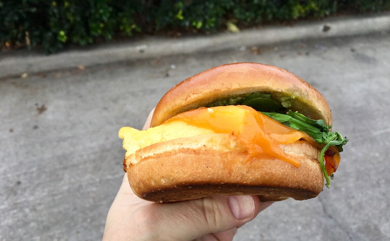 The breakfast sandwich at White Rock Coffee — bacon, egg, cheese, spinach and a pesto spread on a brioche bun — will set you back $4.25.
