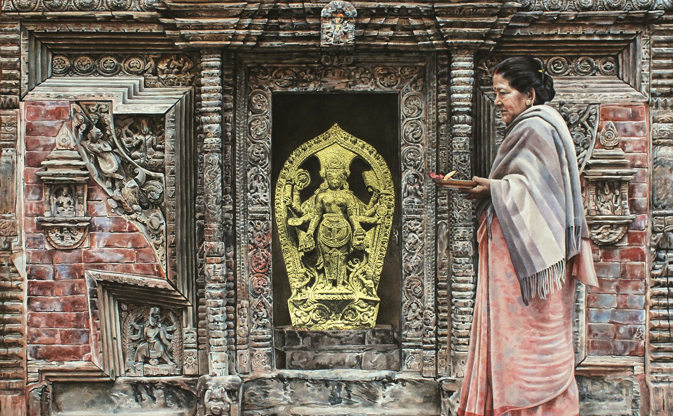 A photorealistic painting of a statue of Hindu deities Narayana and Lakshmi in its original location in a shrine in Nepal. The statue was stolen in 1984 and now is on long-term loan at the Dallas Museum of Art.
