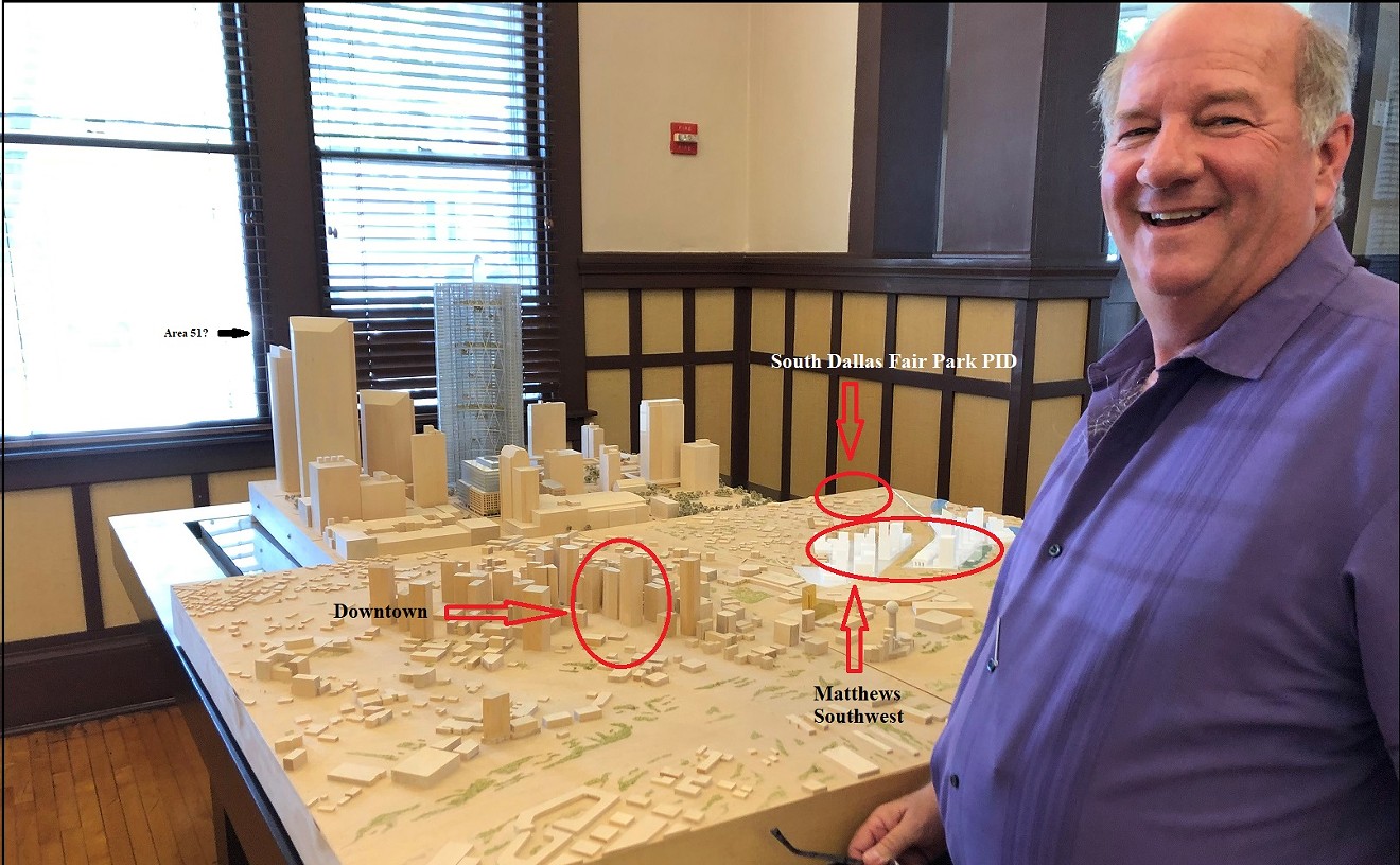 Dale Davenport admires a certain architectural model he came across last year in the offices of developers Matthews Southwest. The South Dallas Fair Park PID (noted on model) is a special taxing district Davenport helped create, now taken over by a Matthews-run nonprofit.