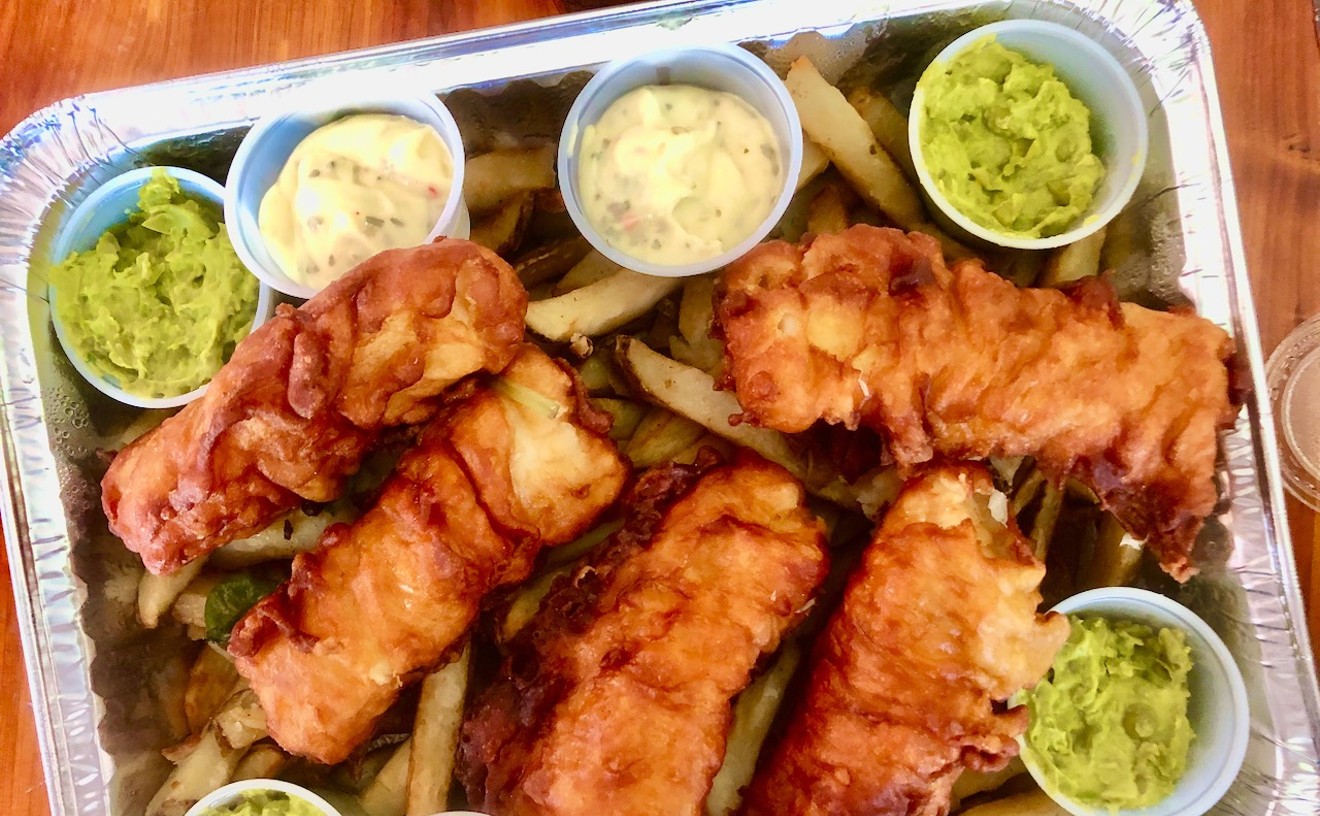 From Across the Pond's family-style fish and chips with mashed peas (we're clarifying just in case it looks like guacamole to some).