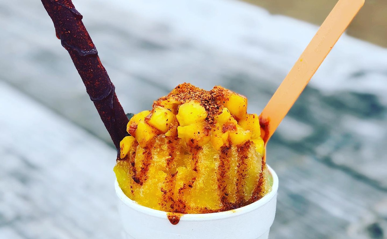 The loaded mango margarita snowcone at Snow on the Rox comes with a drizzle of housemade chamoy.