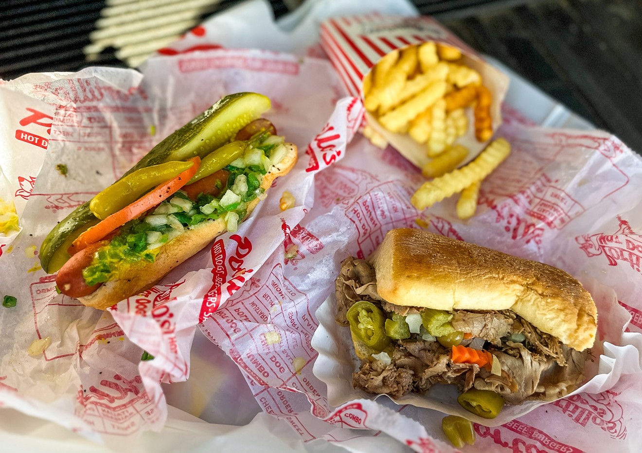 A hot dog, Italian beef and French fries from Portillo's Beef Bus in The Colony.