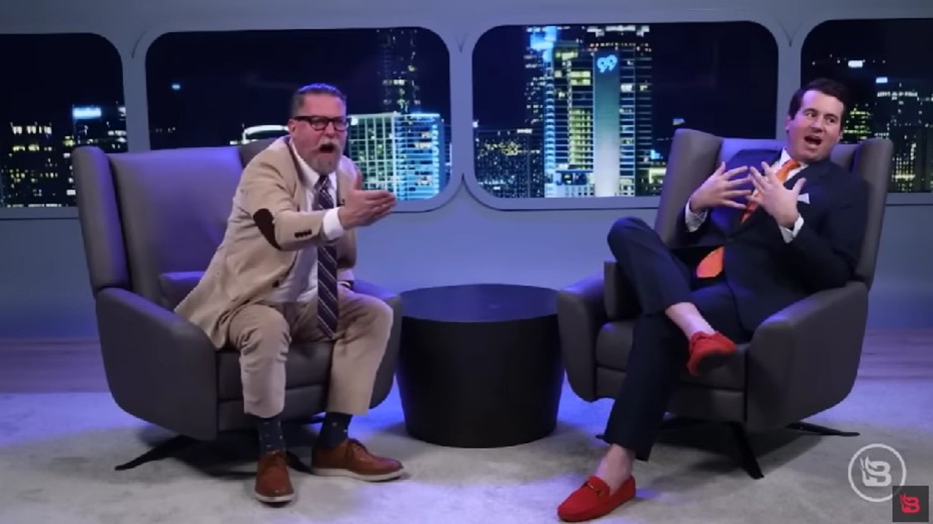 Gavin McInnes, left, yells at audience members on the inaugural episode of Prime Time with Alex Stein, right, on The Blaze channel.