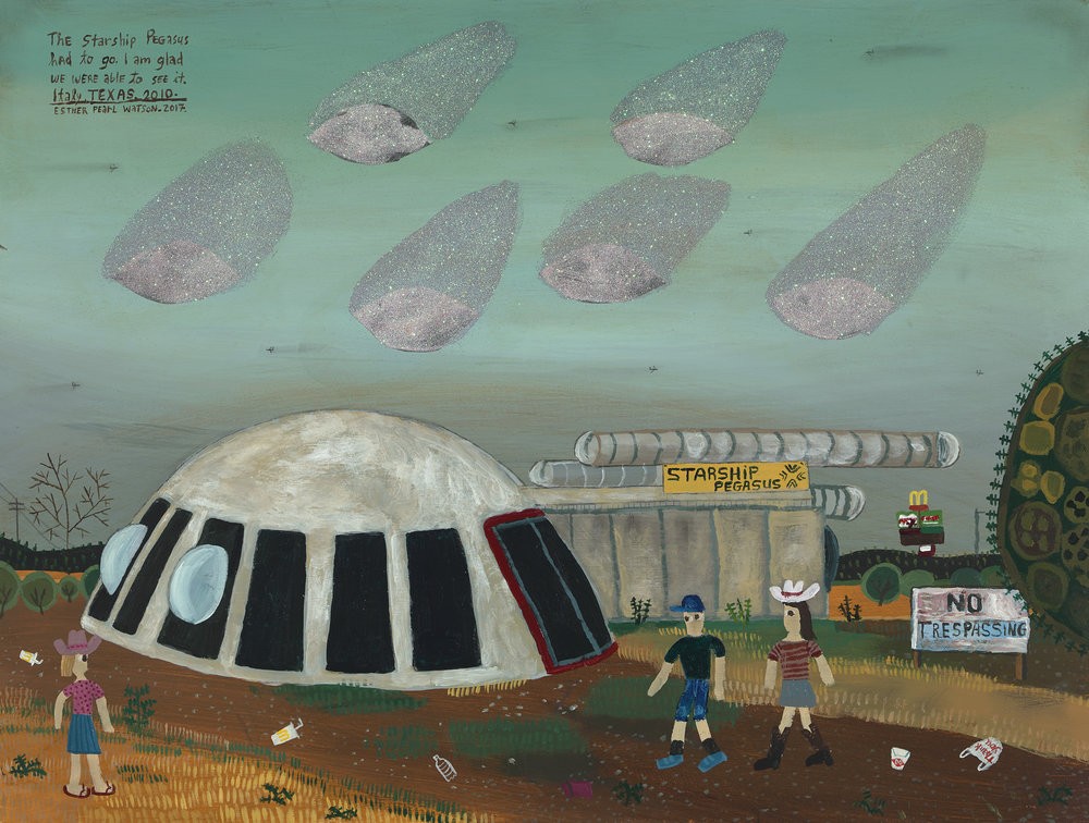 Esther Pearl Watson painted one of her favorite roadside attractions as a kid, the Starship Pegasus in Italy, Texas.