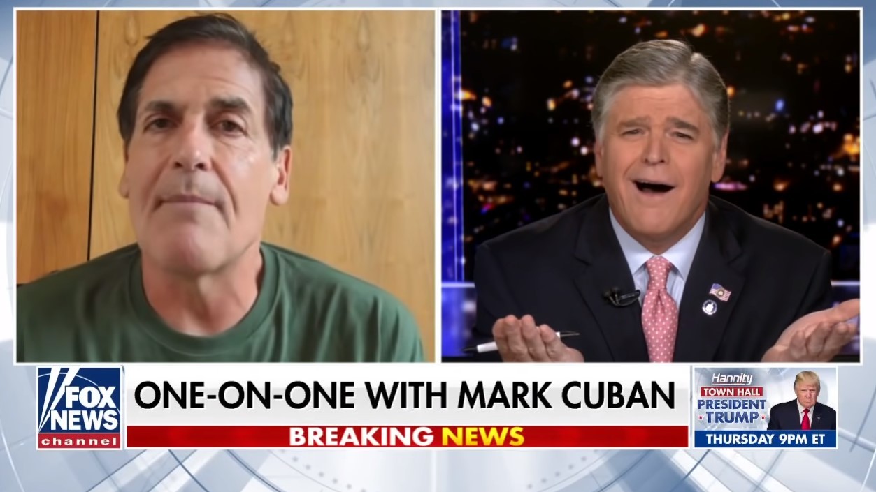 Mark Cuban tries to explain why he's supporting Joe Biden over President Donald Trump in the 2020 election to Fox News host Sean Hannity on a June 23 episode of Hannity.