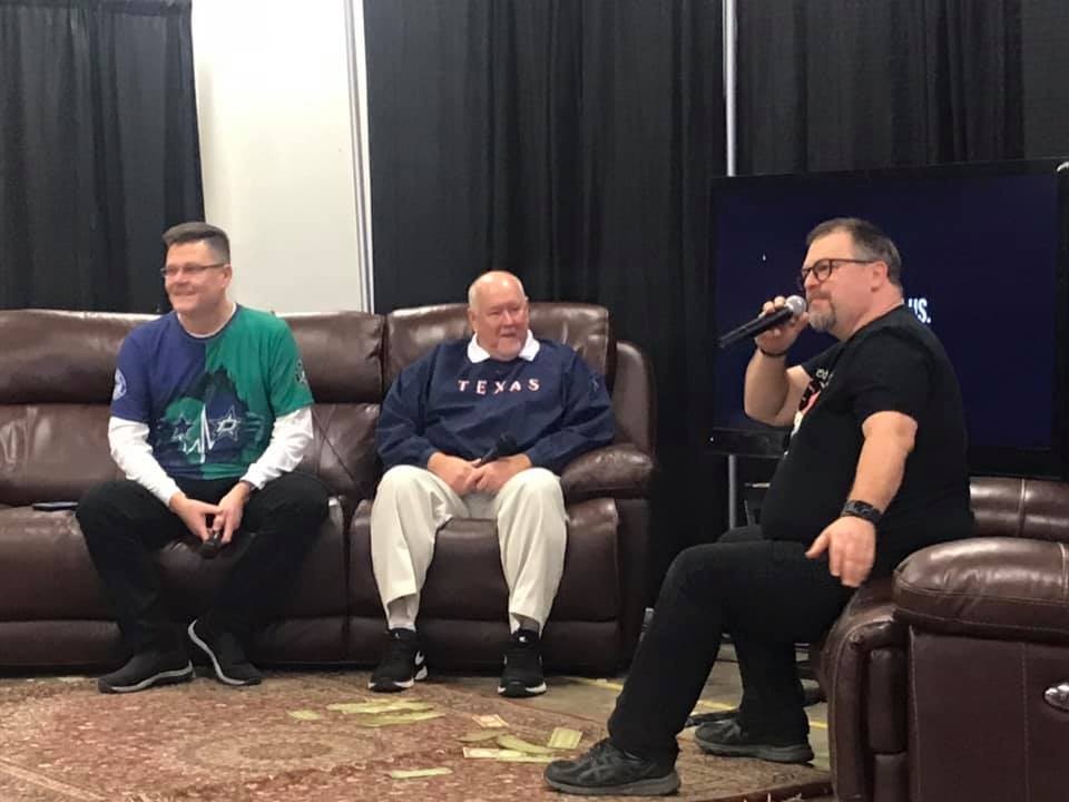 Who Needs Sleep telethon founder Devin Pike, right, chats with Dallas Stars in-arena announcer Jeff K, left, and Texas Rangers stadium announcer Chuck Morgan in the 2019 edition of the broadcast.