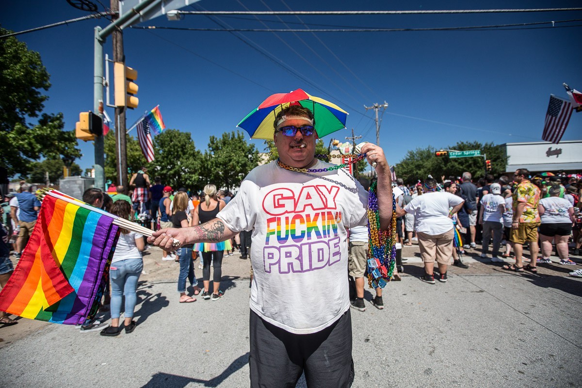 A reveler on Cedar Springs Road participated in last September's pride festivities.