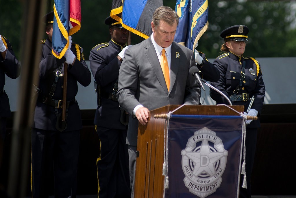 Mike Rawlings spoke at the Dallas police memorial service earlier this year.