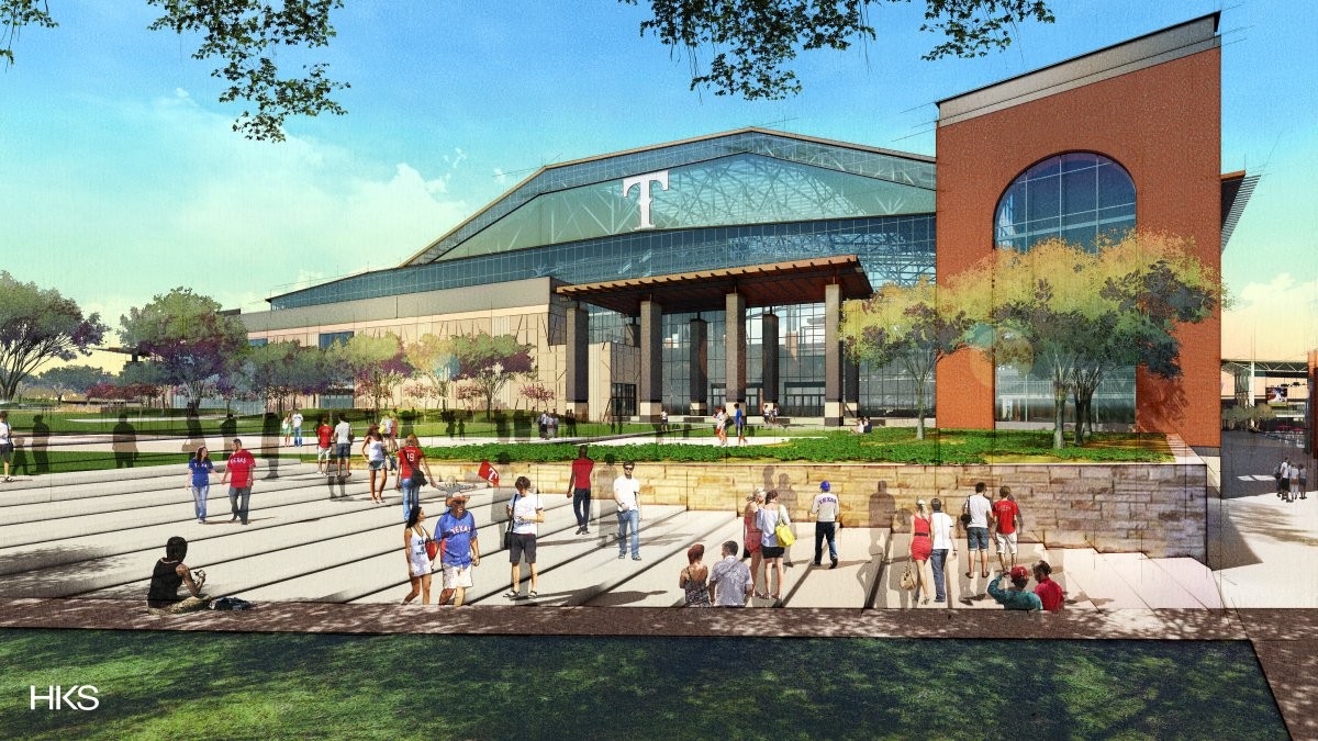 The stadium's architects want Globe Life Field to feel inclusive to those without tickets to the game, hence the large windows near home plate.