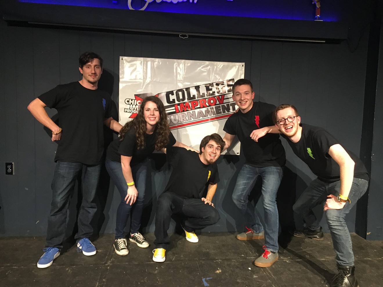 University of North Texas students (from left) Alex Wiggins, Tierney Conley, Christian Campbell, Nathan Lawrence and Sean Byrne make up the UNT Improv comedy troupe Sparky. The group is headed to Chicago next month to compete in the 11th annual national College Improv Tournament.