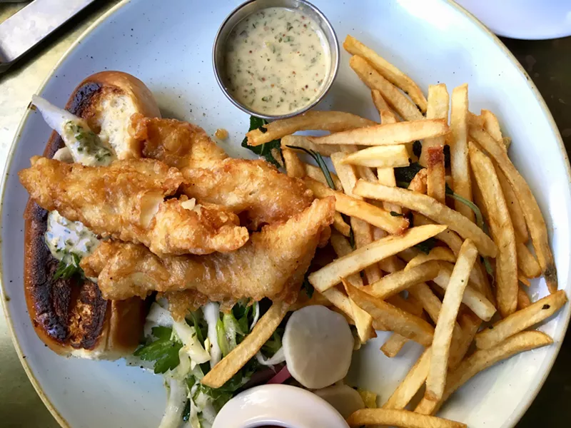 Image: The lunch fried haddock dish is a sort of deconstructed po-boy with remoulade sauce and fries for $15.