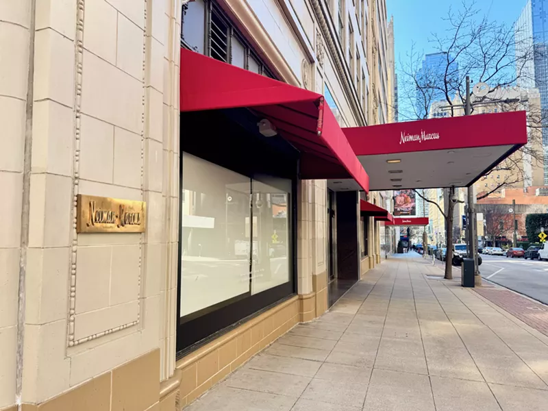 Image: The front windows at Neiman's are covered — maybe for a mannequin change, maybe for good.