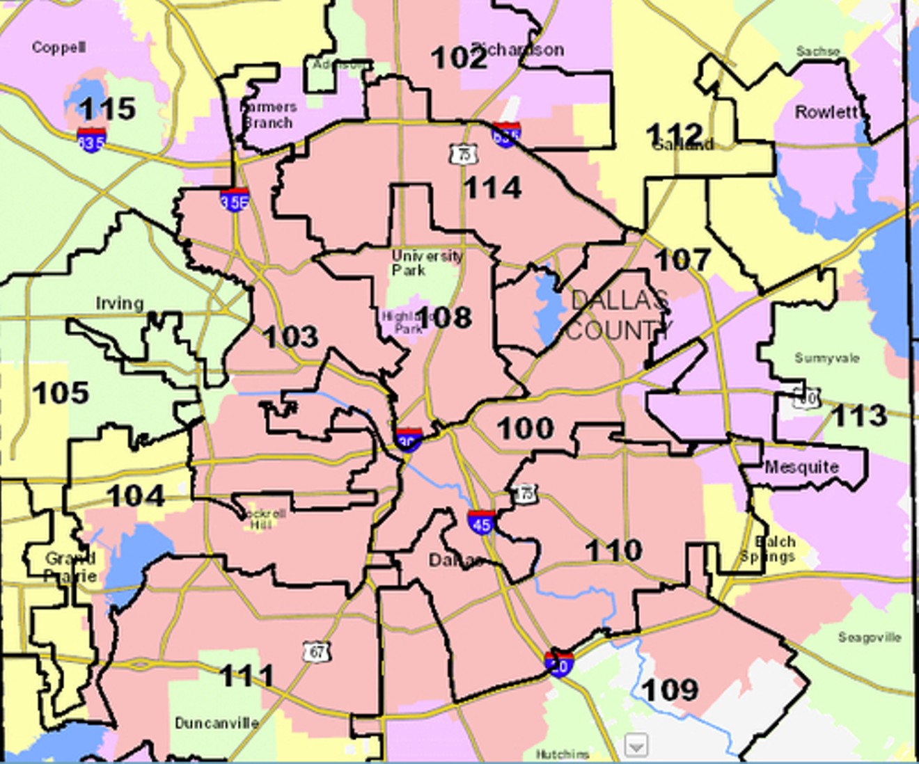 Dallas County's Texas House map