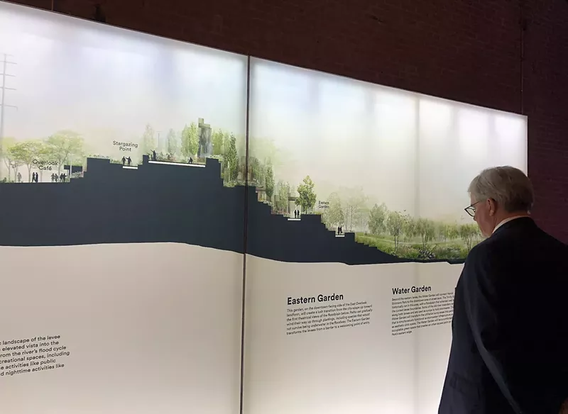 Image: A series of lighted panels on the walls at Gilley's depicted the Van Valkenburgh plan for Simmons Park.