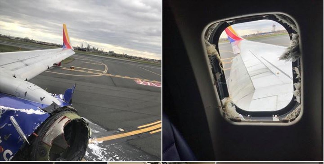 A blown engine and a broken window from a Dallas-bound Southwest Airlines flight that emergency landed in Philadelphia Tuesday.