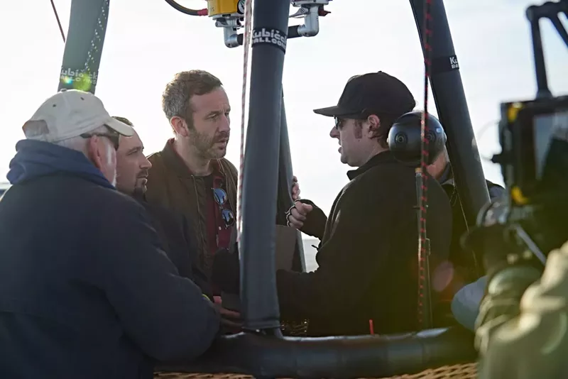 Image: Writer and director Ryan Hartsell, right, preps actor Chris O'Dowd for a scene in a giant testicle hot air balloon called Skyballs for Flight School Studios' virtual reality film The Evolution of Testicles, one of the many films that mix new media forms with traditional cinema for Dallas VideoFest's Alt-Fiction Fest.