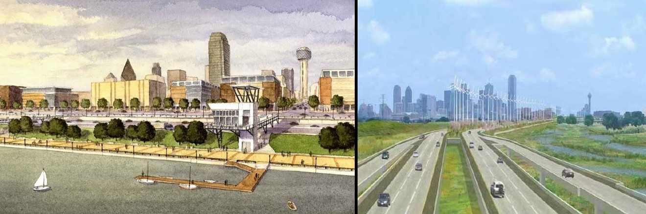 Left: The stuff they showed us when they asked us to vote for the 1998 bond proposal for the Trinity River. Right: The stuff they said they decided to do instead once they got our money. And they made the picture because they thought it would make us happy.