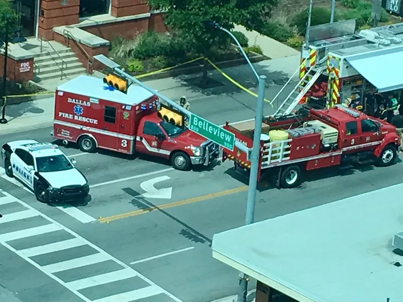 Image: The Dallas police and fire departments blocked off Lamar Street around Jack Evans Police Headquarters on Monday.