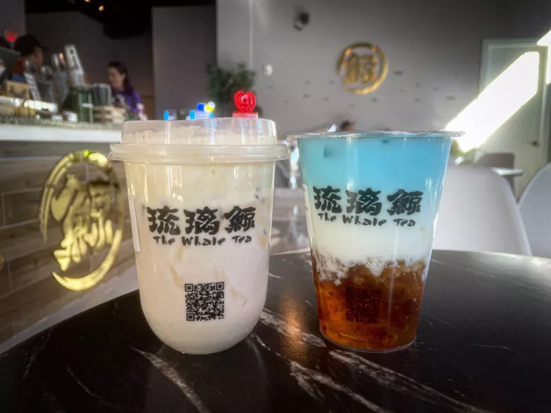 Image: The Creme Brulee Taro Tea (left) and the signature The Whale Crystal (right) at The Whale Tea