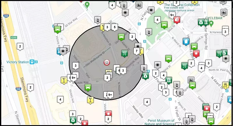 Image: Between Feb. 6, 2019, and Oct. 6, 2019, the 500-foot radius around WFAA studios near American Airlines Center north of downtown saw 23% more crime than Jim's Car Wash on MLK Jr. Boulevard in South Dallas.