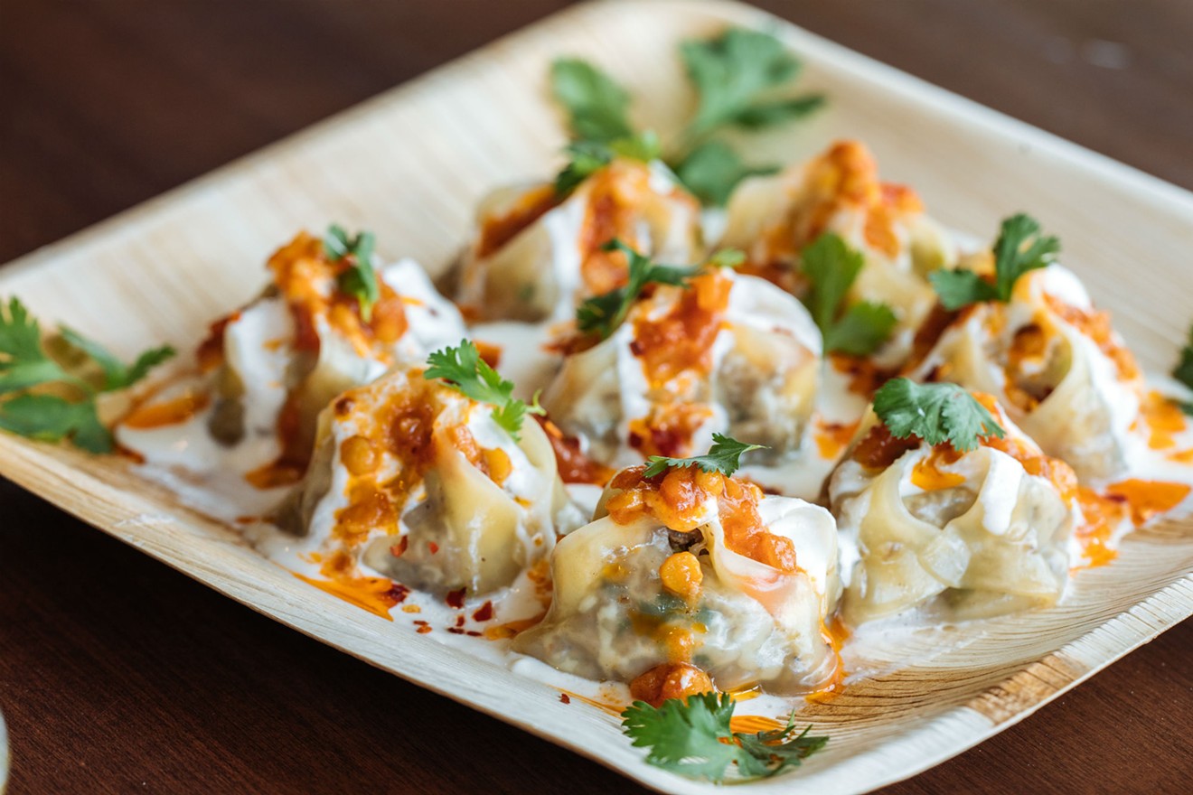 Mantu dumplings, Afghan dumplings stuffed with ground beef and onion and topped with dal nakhut, at Express Kabob.