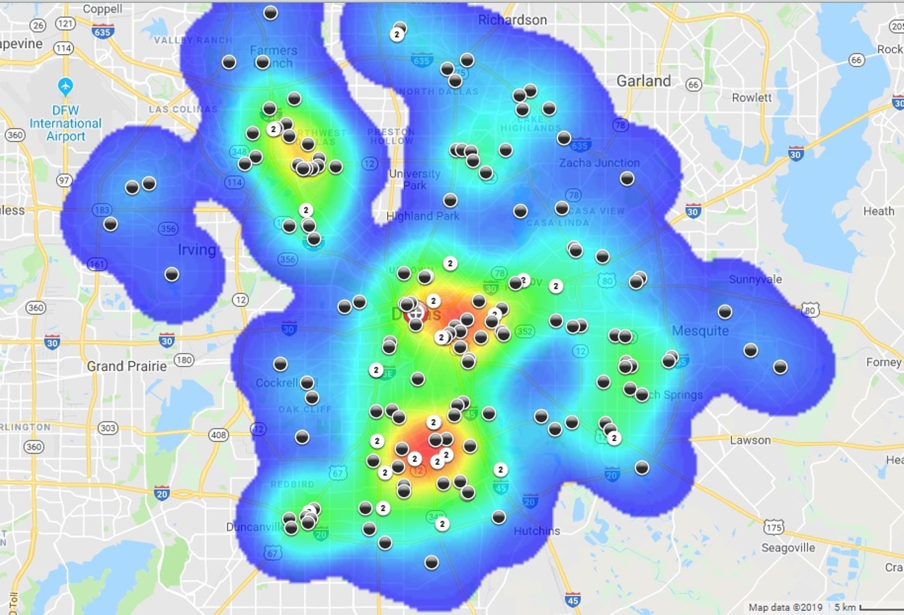 Map shows density of murder incidence in Dallas for the previous 12 months.