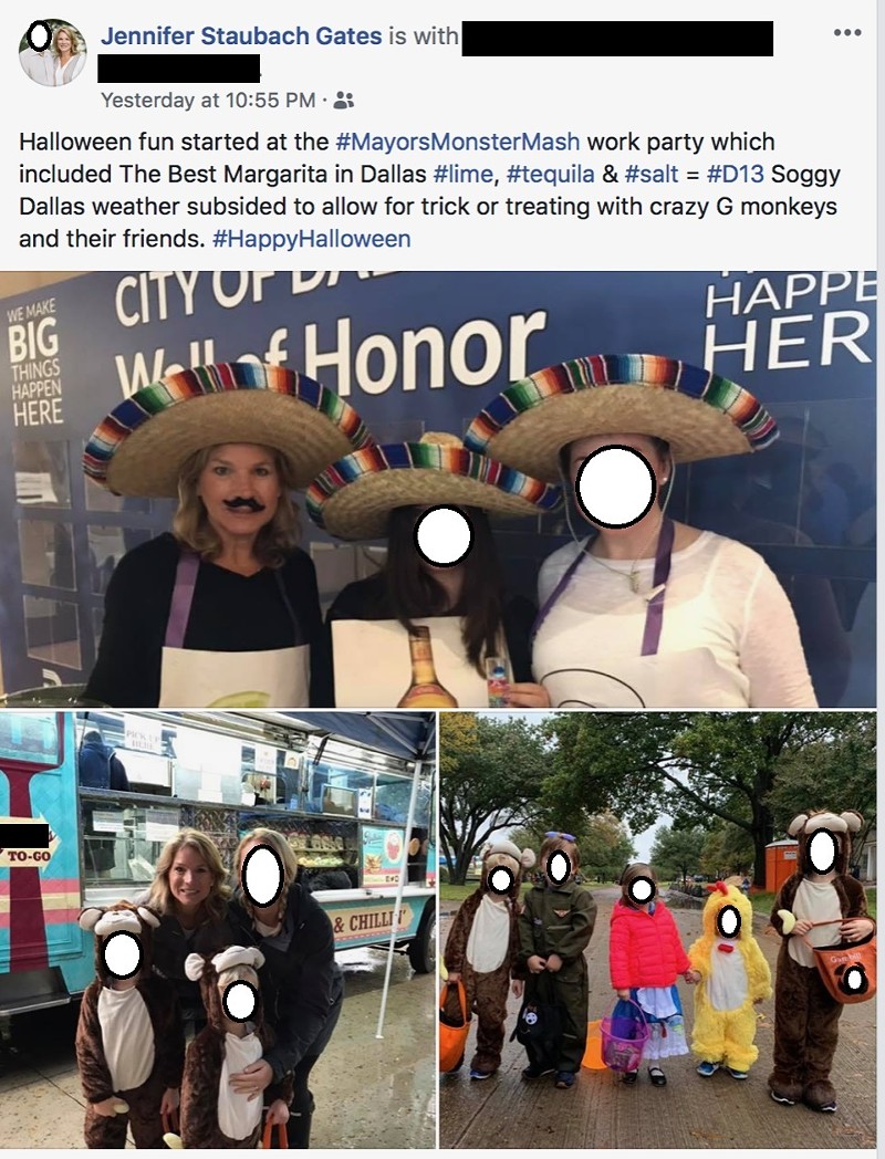Dallas City Council member Jennifer Gates is top left in mustache. Faces of innocent victims have been whited out. (NOTE: Apparently "g-monkey" is a Preston Hollow term for grandchildren. Yeah. Let's pretend we didn't even know that.)
