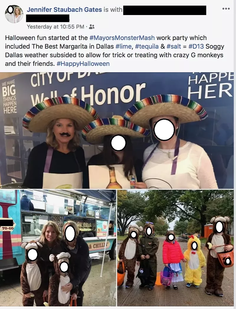 Image: Dallas City Council member Jennifer Gates is top left in mustache. Faces of innocent victims have been whited out. (NOTE: Apparently "g-monkey" is a Preston Hollow term for grandchildren. Yeah. Let's pretend we didn't even know that.)