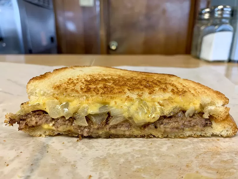 Image: American cheese, griddled onions, seared beef on the patty melt at Dairy-Ette in Far East Dallas.