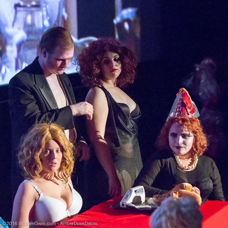 Image: A scene from The Rocky Horror Picture Show by Amber Does Dallas, which performs once a month at the Angelika Theater at Mockingbird Station.
