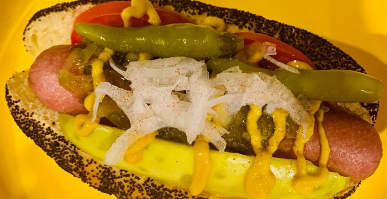The Chicago dog with sport peppers and mustard for $6.50