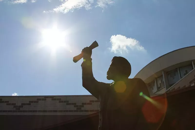 Image: The Lawmaker Sculpture is one of five statues representing the history of Juneteenth at the Juneteenth Memorial Sculpture Monument at the George Washington Carver Museum, Culture and Genealogy Center in Austin.