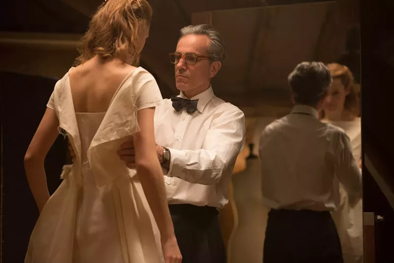 Image: Daniel Day-Lewis (right) plays British fashion designer Reynolds Woodcock, who is immediately smitten with Alma (Vicky Krieps) in Phantom Thread, director Paul Thomas Anderson's film that has the air of a chamber drama.