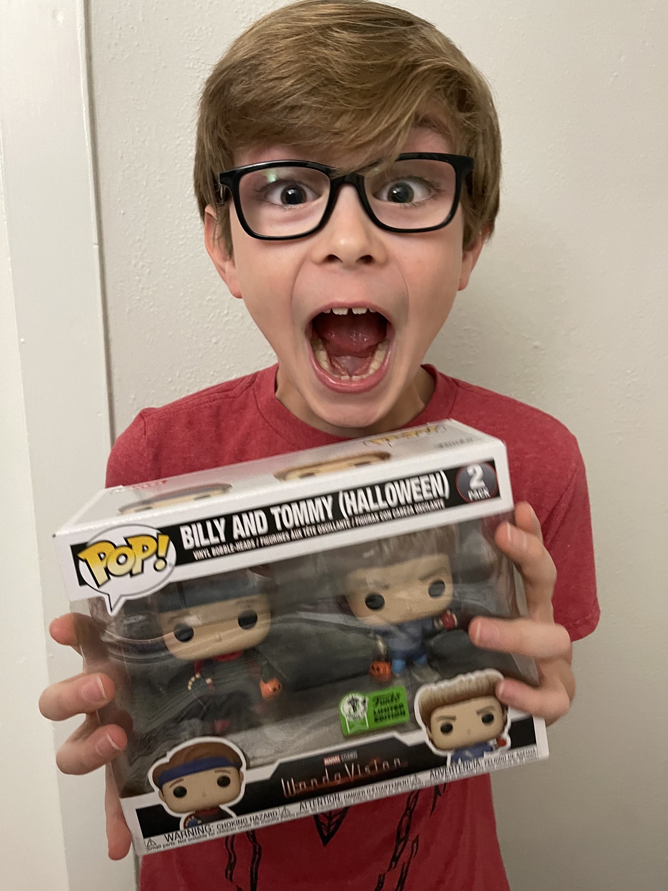 Actor Julian Hilliard shows off the Funko Pop! doll based on his character Billy Maximoff on the Emmy nominated Disney+ series WandaVision.